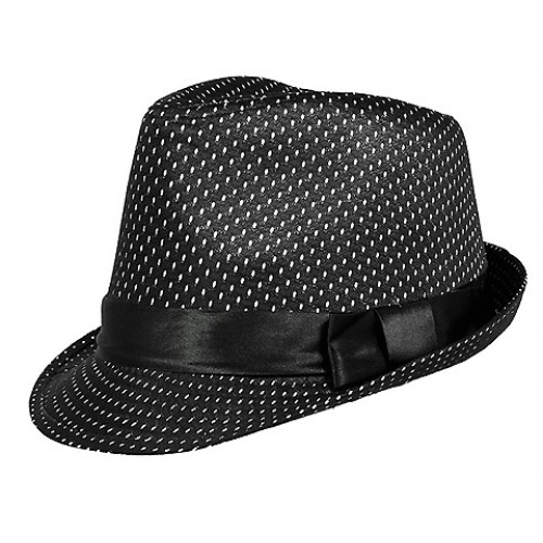 Fedora - White Dots Print Fedora w/ Bow Band - HT-1131BKWT